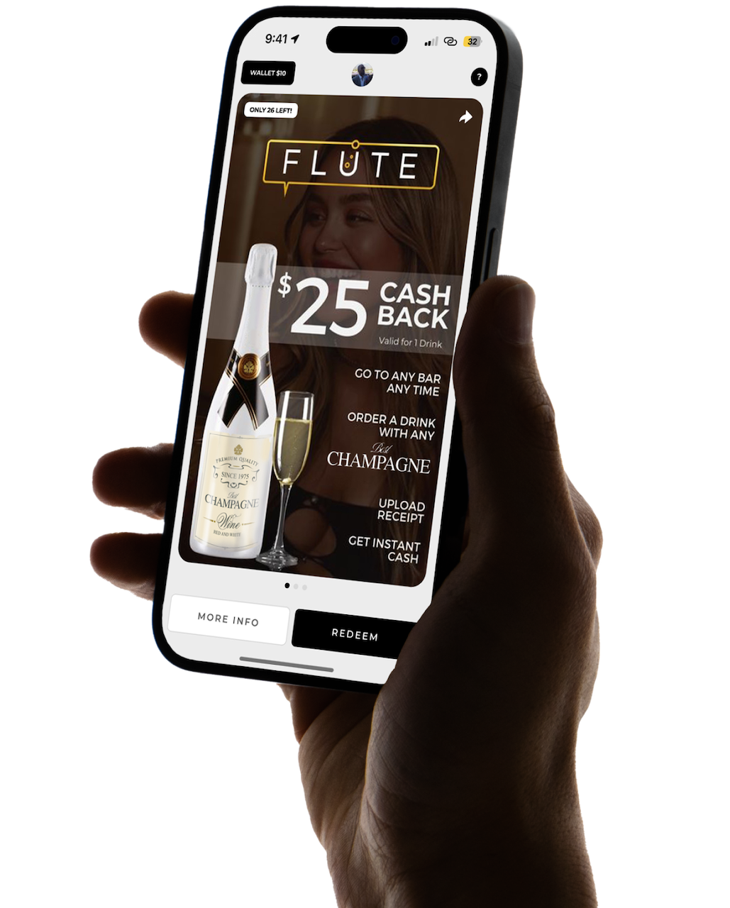 Hand holding a smartphone displaying an app offering $25 cashback for ordering champagne. The screen shows a champagne bottle, glass, and redemption options.